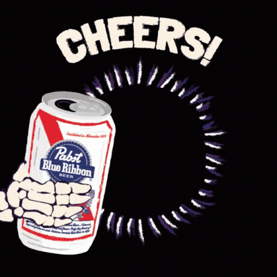Two Cans Of Pabst Blue Ribbon Beer Being Held By Skeleton Hands GIF