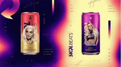 Two Cans Of Skol Beats Are Shown On A Purple And Yellow Background . GIF