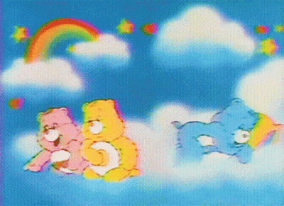 Two Care Bears Are Sitting On A Cloud With A Rainbow In The Background GIF