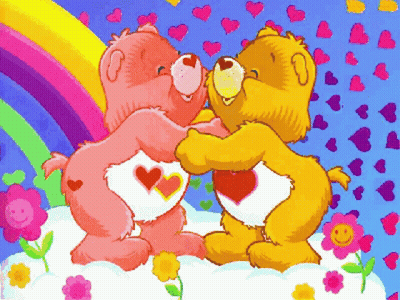 Two Care Bears Hugging With Hearts GIF