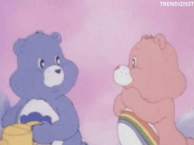Two Care Bears Standing On Purple Background GIF