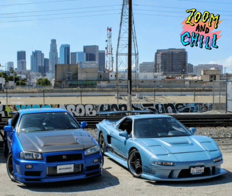 Two Cars Are Parked Next To Each Other And The Words Zoom And Chill Are Visible GIF