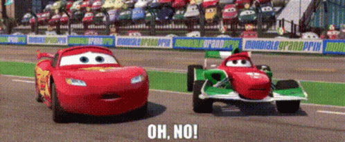 Two Cars Are Racing On A Race Track And The Words Oh No Are On The Bottom GIF