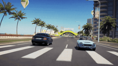 Two Cars Driving Down Street With Horizon Sign GIF