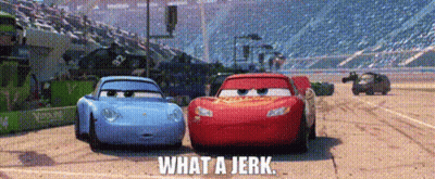 Two Cars On Race Track Saying What A Jerk GIF