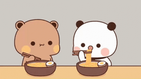 Two Cartoon Bears Are Eating Noodles With Chopsticks . GIF