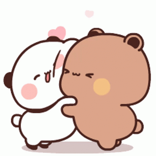 Two Cartoon Bears Are Hugging Each Other With Hearts Flying Around Them . GIF