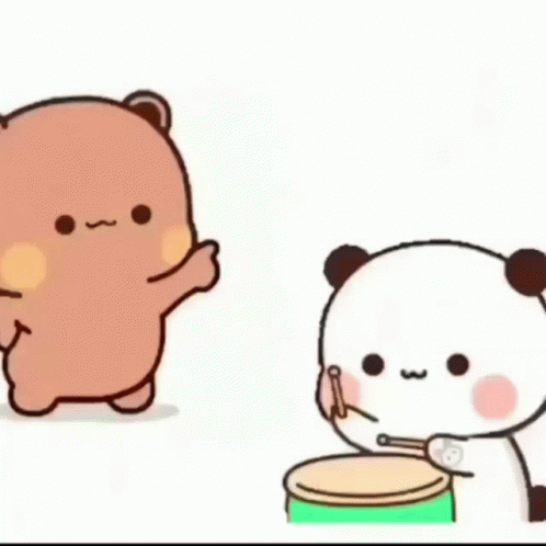 Two Cartoon Bears Are Playing Drums And One Is Holding A Drum Stick . GIF
