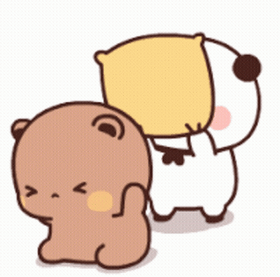 Two Cartoon Bears Are Standing Next To Each Other And One Is Holding A Yellow Pillow . GIF