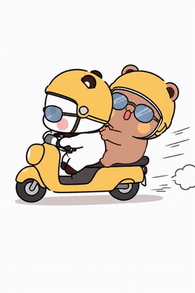 Two Cartoon Bears In Helmets And Sunglasses Riding Scooter GIF