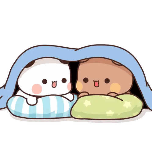 Two Cartoon Bears Laying Under A Blue Blanket On Pillows Sticker