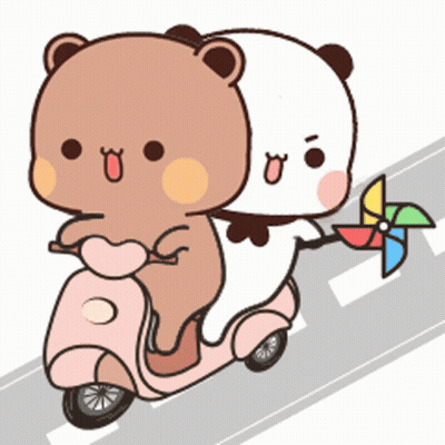 Two Cartoon Bears Riding Pink Scooter GIF