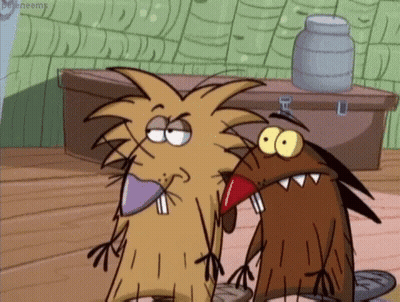 Two Cartoon Beavers Are Standing Next To Each Other And One Has A Purple Object In His Mouth GIF
