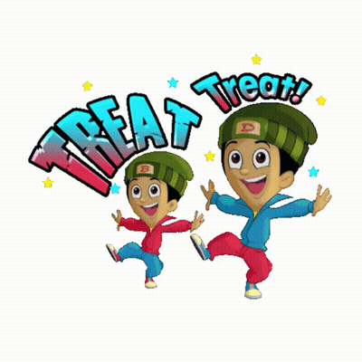 Two Cartoon Boys Dancing Near Treat Sign