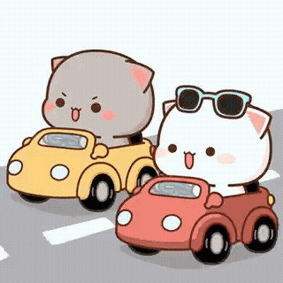Two Cartoon Cats Are Driving Cars Down A Street . GIF