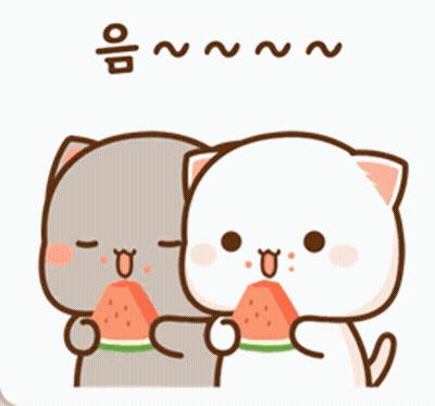 Two Cartoon Cats Are Eating Watermelon Together And One Of Them Is Holding A Slice Of Watermelon In Its Mouth . GIF