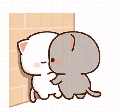 Two Cartoon Cats Are Hugging Each Other On A Brick Wall . GIF
