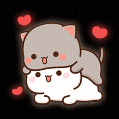 Two Cartoon Cats Are Laying On Top Of Each Other With Hearts Around Them . GIF