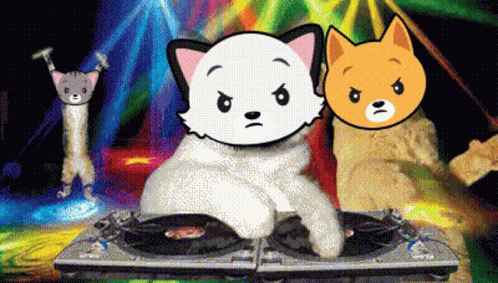 Two Cartoon Cats Are Playing Music On A Turntable In A Club GIF