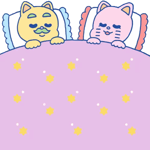Two Cartoon Cats Are Sleeping On A Purple Bed Sticker