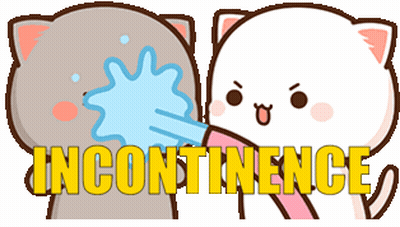 Two Cartoon Cats Are Standing Next To Each Other With The Word Incontinence Written In Yellow Letters GIF