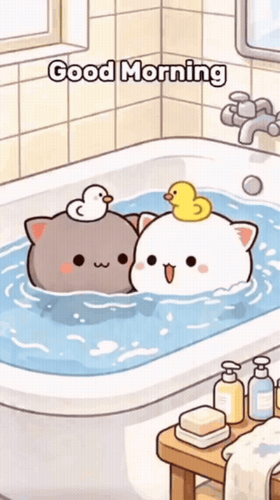 Two Cartoon Cats Bathing With Rubber Duck GIF