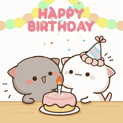 Two Cartoon Cats Celebrating Birthday Cake And Candles GIF