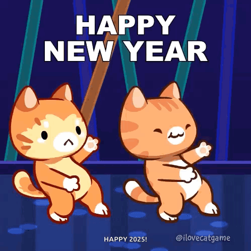 Two Cartoon Cats Dancing With Happy New Year GIF