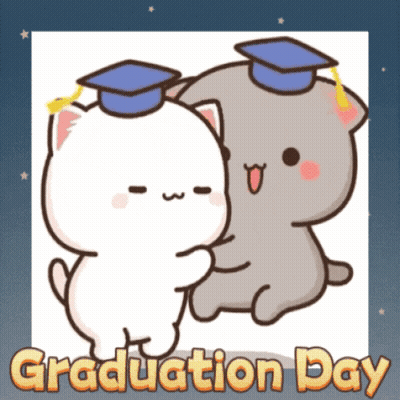 Two Cartoon Cats Hugging In Graduation Caps GIF