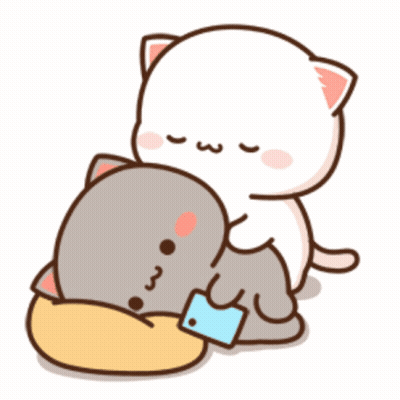 Two Cartoon Cats Hugging One Holding Cell Phone GIF