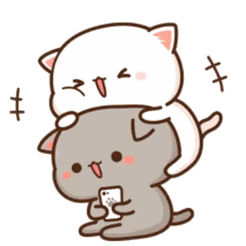 Two Cartoon Cats Hugging One Holding Phone Sticker