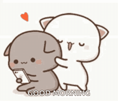 Two Cartoon Cats Hugging One Holding Phone GIF