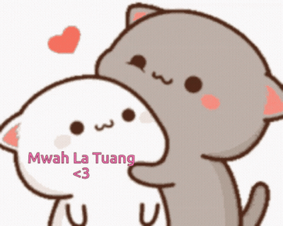 Two Cartoon Cats Hugging Saying Mwah La Tuang < 3 GIF
