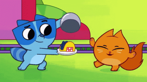 Two Cartoon Cats One Holding Plate With House GIF
