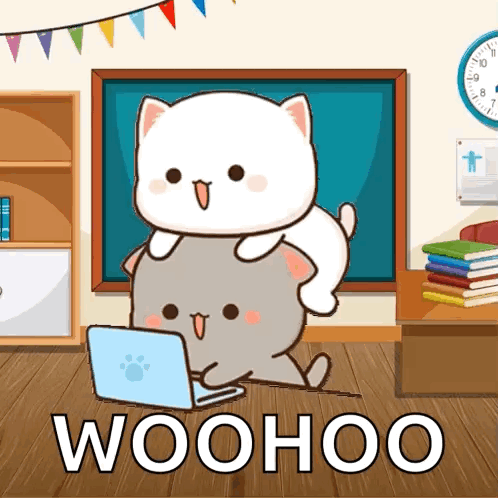 Two Cartoon Cats Sitting Next To Laptop GIF
