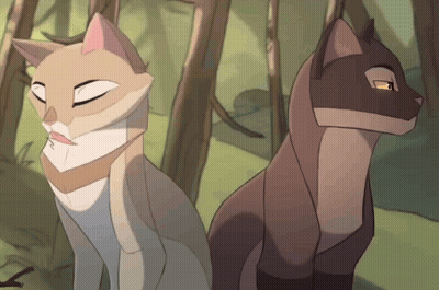 Two Cartoon Cats Standing Next To Each Other In The Woods GIF