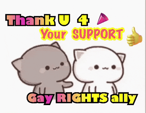 Two Cartoon Cats Standing Next To Each Other With The Words " Thank U 4 Your Support Gay Rights Ally " GIF