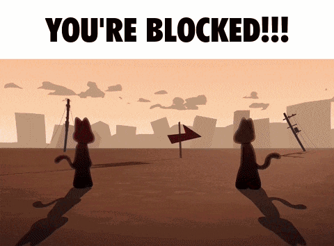 Two Cartoon Cats Standing Next To Each Other With The Words " You 'Re Blocked " Below Them GIF