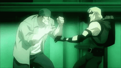 Two Cartoon Characters , A Man And A Green Arrow , Are Fighting Each Other In A Green Room . GIF