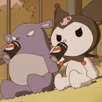 Two Cartoon Characters , A Purple Rhino And A White Teddy Bear , Are Drinking Soda . GIF