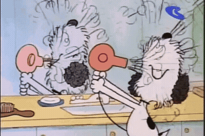 Two Cartoon Characters Are Blow Drying Their Hair In A Bathroom GIF