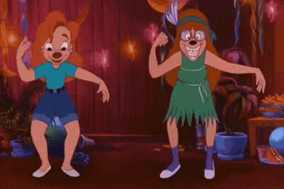 Two Cartoon Characters Are Dancing In A Room With Balloons And Potted Plants . GIF