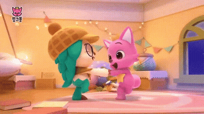 Two Cartoon Characters Are Dancing In A Room With Chinese Writing On The Bottom GIF