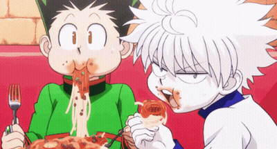 Two Cartoon Characters Are Eating Noodles With Forks GIF