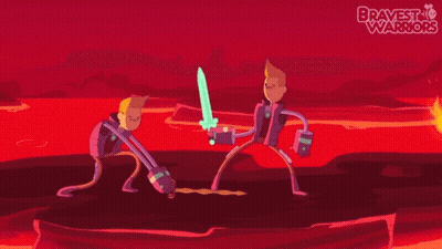Two Cartoon Characters Are Fighting With Swords And The Words Bravest Warriors Are On The Bottom GIF