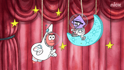 Two Cartoon Characters Are Hanging From A Curtain With The Nick Logo On The Bottom Right Corner GIF