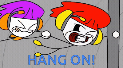Two Cartoon Characters Are Hanging On A Wall With The Words Hang On GIF