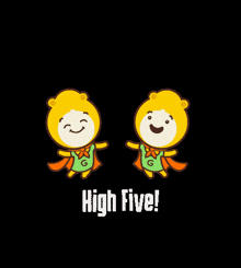 Two Cartoon Characters Are Holding Hands With The Words High Five Written Below Them GIF