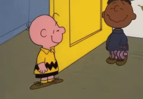 Two Cartoon Characters Are Hugging Each Other In Front Of A Yellow Door GIF
