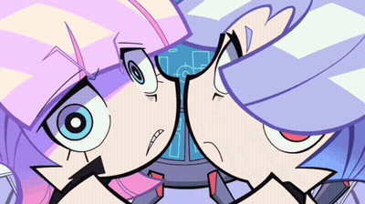 Two Cartoon Characters Are Looking At Each Other And One Has A Circle In Her Eye GIF